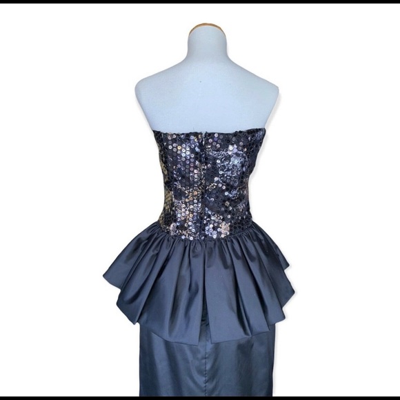 Vintage 80s Black Satin Dress Silver Sequins Peplum Size Medium - Picture 4 of 7